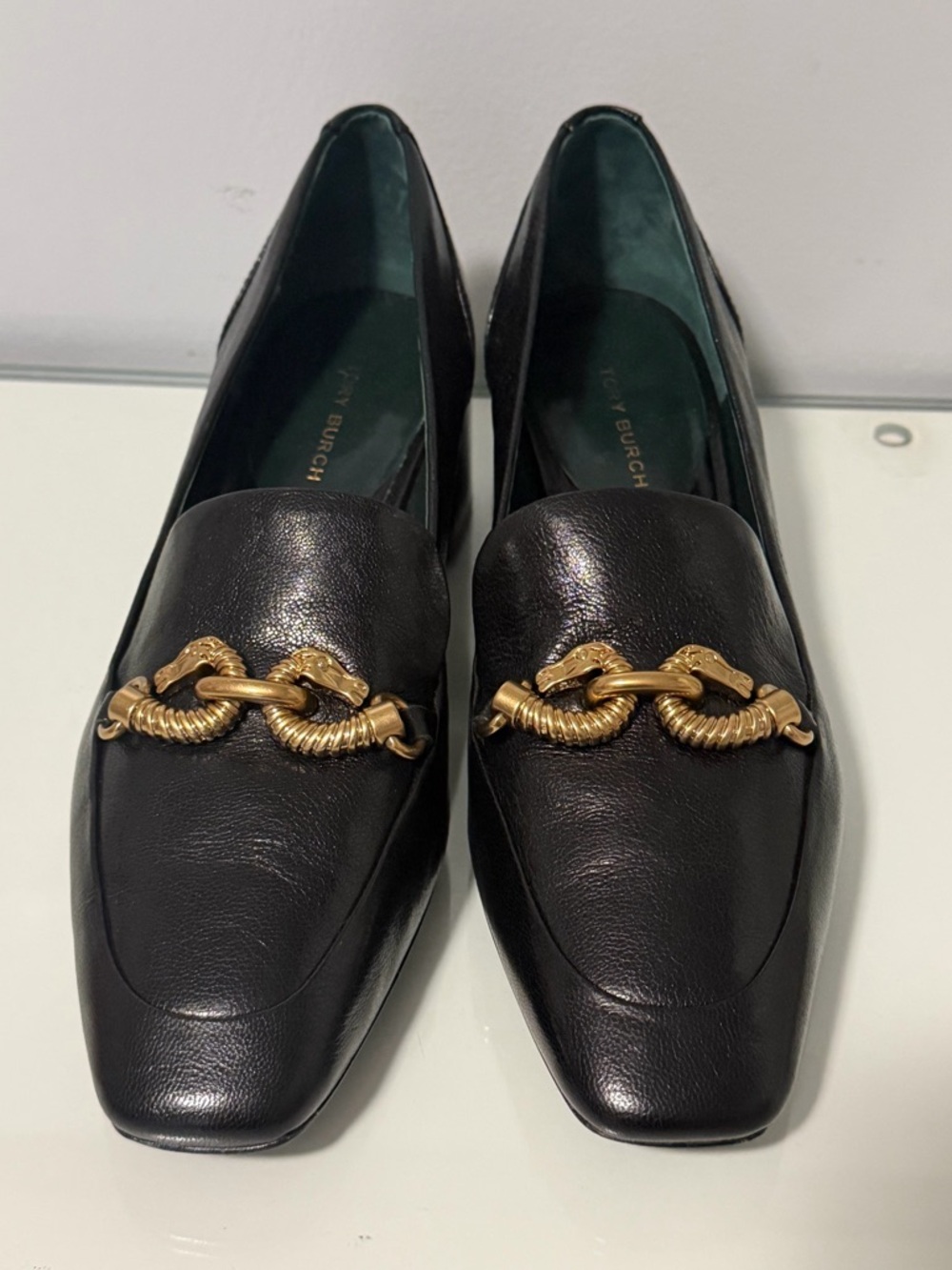 Tory Burch Jessa Loafers Black Leather Block Heel Loafers with Gold Chain Accent - Picture 2 of 11